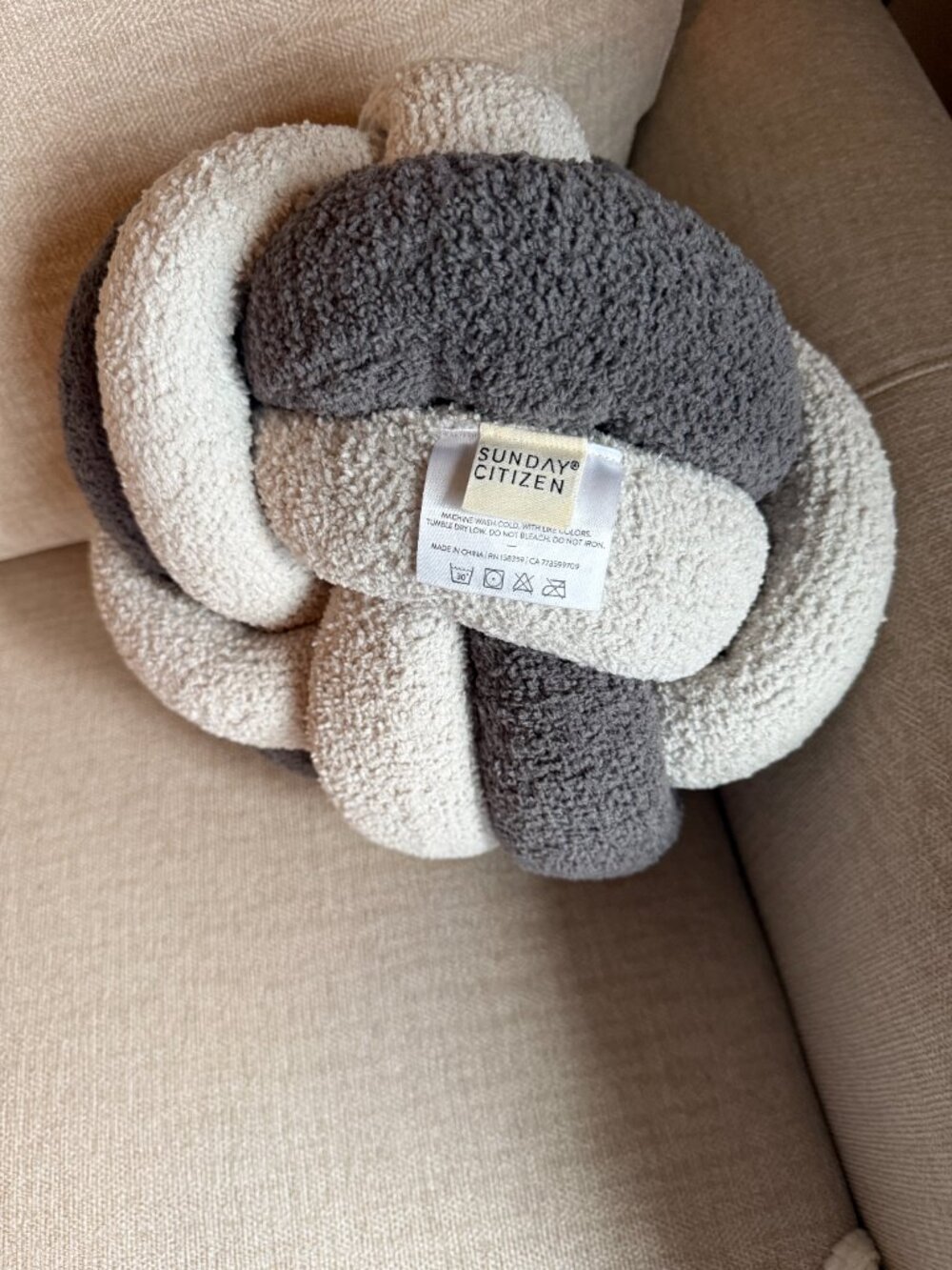 Sunday Citizen Knot Snug Pillow Granite Cloud Grey 12” Tags